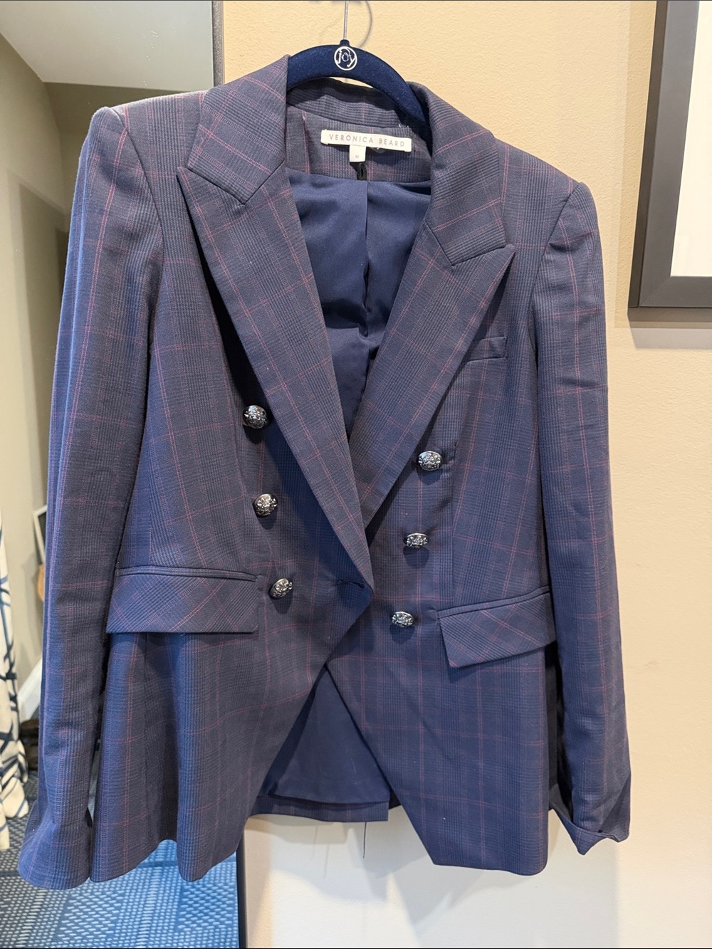 Veronica Beard Navy Plaid Double-Breasted Blazer with Pink Windowpane